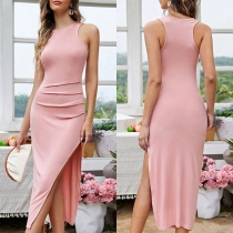 Casual Bodycon Dress with Round Neck and Sleeveless Slit