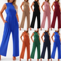Casual Mock Neck Ärmlös Ruched Rak-cut Jumpsuit