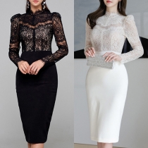 Elegant spetsskarvad Mock Neck långärmad Bodycon-klänning