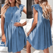 Casual button rund hal ruffle cap ärm miniklänning.