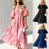 Mode blommig Jacquard Off-shoulder Puff kortärmad midiklänning