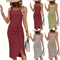 Mode fyrkantig hals ärmlös Ruched Slit Bodycon Ribbad Klänning