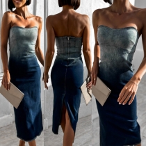 Sexig axelbandslös gradient färg slit bodycon denimklänning