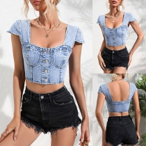 Sexig sweetheart urringad kepsärm gammalt tvättad denim crop top