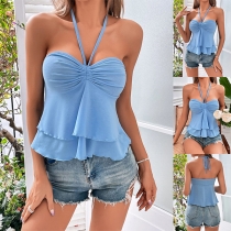 Sexig Halter Neck Blus med Rynkor vid Urhål och Volanger