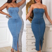 Sexig axelbandslös slingrande bodycon denimklänning