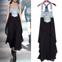 Street Fashion Denim Splits Chiffong Suspender Dress with Asymmetrical Hemline.