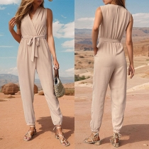 Mode enfärgad V-ringad ärmlös Jumpsuit