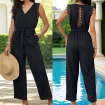 Mode Spets Splits V-ringad Ärmlös Self-tie Jumpsuit