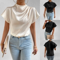 Mode Ruched Mock Neck kortärmad chiffongskjorta