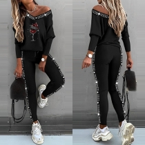 Fashion Bling-bling Rhinestone tvådelad set: V-ringad skjorta och byxor