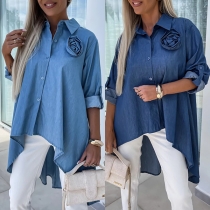 Fashion Långärmad Jeansskjorta med oregelbunden nederkant och 3D Roskrage