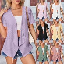Lapel Patch Cardigan with Casual Hollow Design and Short Sleeves