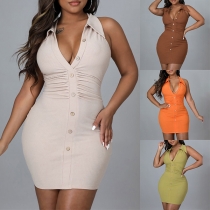 Mode främre knapp med V-ringad stativ krage ärmlös Bodycon klänning
