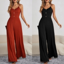 Mode enfärgad Rundhalsknapp Jumpsuit med vida ben