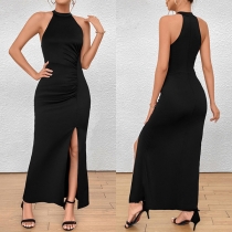 Mode rund halsad ärmlös slits Bodycon Klänning