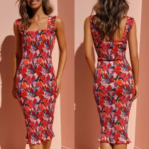 Fräsch blommig tryckt Bodycon-klänning med fyrkantig hals