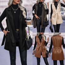 Fashion Notch Lapel Självknytande PU-väst i konstläder