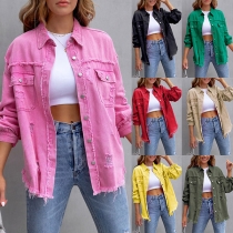 Street Fashion ljus färg Distressed ståkrage långärmad tunn jeansjacka.