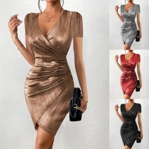 Mode Bling-bling V-ringad Kortärmad Oregelbunden Hemline Bodycon Klänning