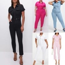 Street Fashion Stand Krage Kortärmad Patch Fickor Höga Jumpsuit