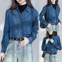 Vintage jeansskjorta med långa ärmar och ståkrage