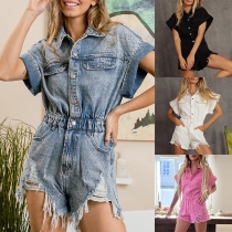 Street Fashion Stand Krage Kortärmad Distressed Elastisk Midja Gammalt tvättad Denim Romper