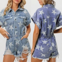 Street Fashion Star kortärmad tröja med tryckt stativkrage och elastisk midja samt distressed jeansbyxor
