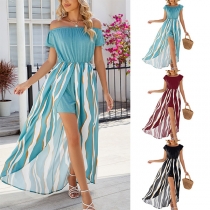 Sexig off-shoulder kortärmad tryckt hög-låg nederkant mock-tvådelad jumpsuit