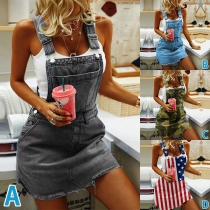 Mode Gammalt tvättad Denim Suspender Klänning