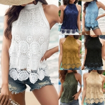 Casual Halter Neck ärmlös spetsskjorta