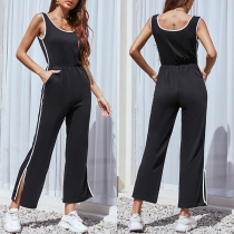 Mode kontrastfärg rund hals ärmlös siden slits jumpsuit