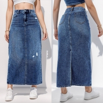 Vintage Maxi Denim Kjol med hög midja och slit i baksidan