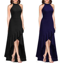 Elegant Halter Neck Ärmlös Festklänning med volang hög-låg nederkant