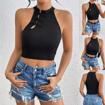 Vintage Crop Linne med Halterneck och Ärmfria Knappar i Slim-Fit Stil