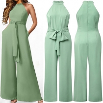 Elegant Halterneck ärmlös självknytande, rakt skuren jumpsuit
