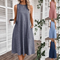 Casual Midi-klänning med enfärgad Halter Neck, Ärmlös design och Patch fickor