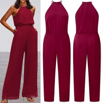 Mode rund hals ärmlös hög upphov rakt skuren jumpsuit