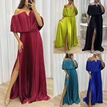 Sexig maxi festklänning med slits, slitsveckad och off-shoulder