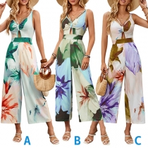 Mode blommig tryckt jumpsuit med V-ringning och rak skärning framtill