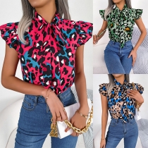 Mode Self-tie Leopard Printed Shirt med volangkant och cap-ärmar