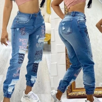 Brev Tryckt Street Fashion Distressed Vintage Washed Jeans