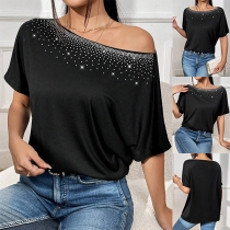 Sexig kortärmad skjorta med rhinestones och rund hals