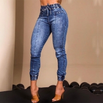 Street Fashion Smala jeans med elastisk midja och tvättad look