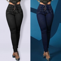 Street Fashion höga skinny denimjeans med snörning