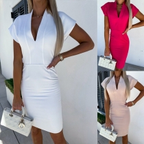 Mode enfärgad V-ringad kortärmad Bodycon-klänning