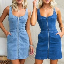 Mode Style Med Ärmlös Front Dragkedja och Sidofickor Denim Klänning