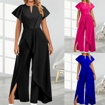 V-ringad Jumpsuit med Kepsärm och vida ben
