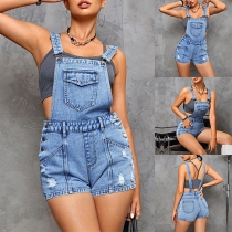 Gatufashion Fickor Knapphängsel Byxa i Distressed Gammaltvättad Denim