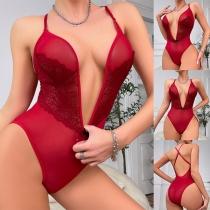Sexig Gaze Splits Spets Plunge V-ringad kors och tvärs Backless Underkläder Bodysuit